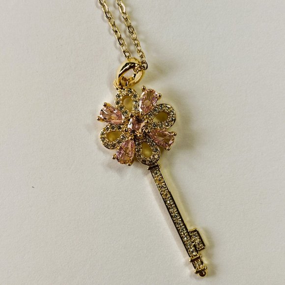 Gold 2 ct Zircon and Rose Quartz Pendant Necklace - Picture 3 of 17